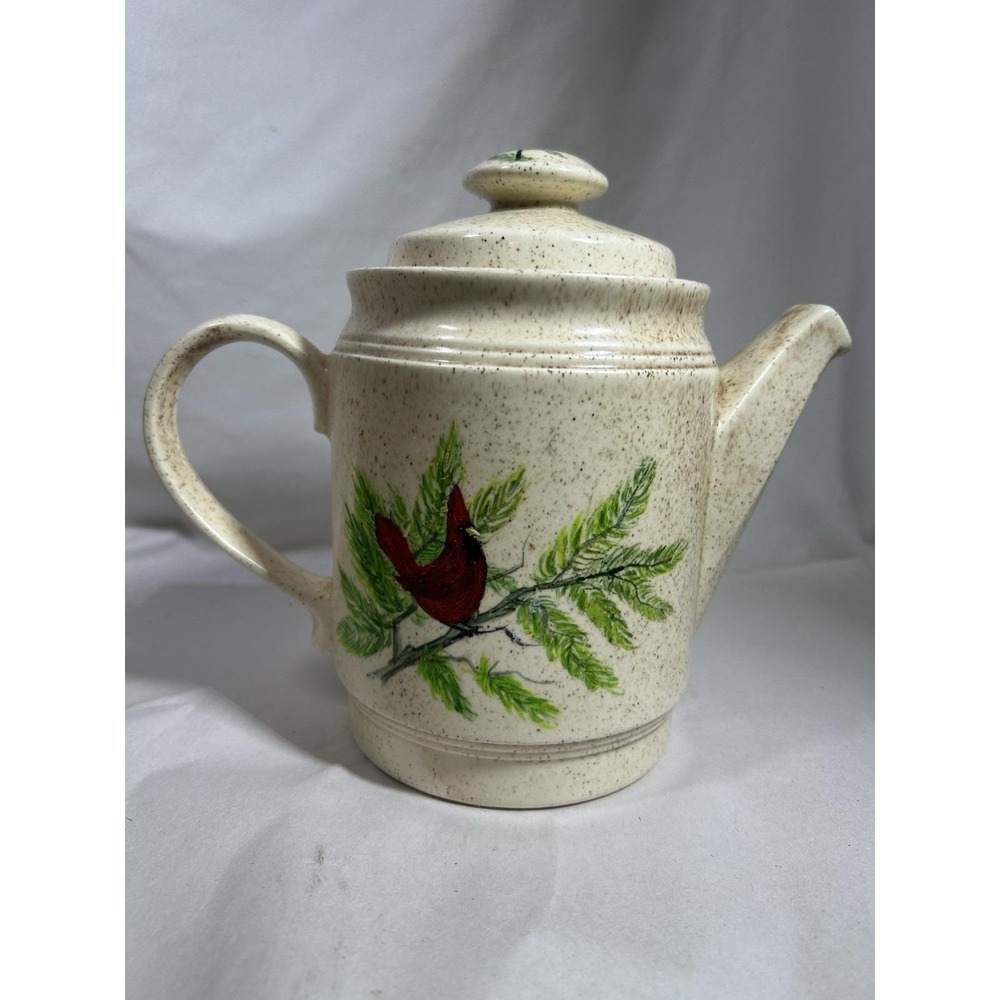 Vintage USA Marked Speckled Teapot Kettle Red Bird Farmhouse Home Kitchen Decor